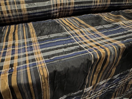 Ruched taffeta woven dress fabric - plaid with floral jacquard - charcoal tan & blue