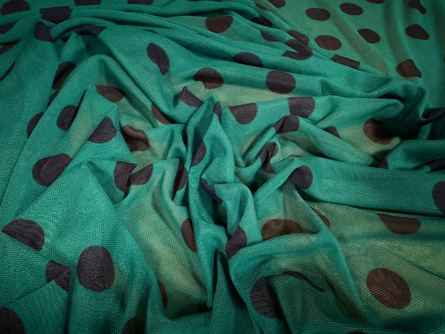 Power mesh net stretch spandex fabric, per metre - polka dot print - jade & navy