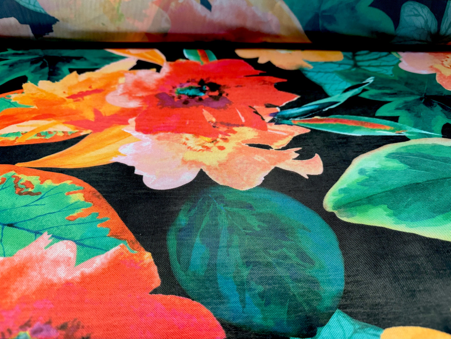 Power mesh net stretch spandex fabric, per metre - tropical flower print - black orange & green