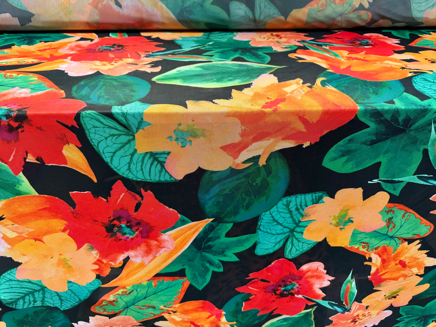 Power mesh net stretch spandex fabric, per metre - tropical flower print - black orange & green