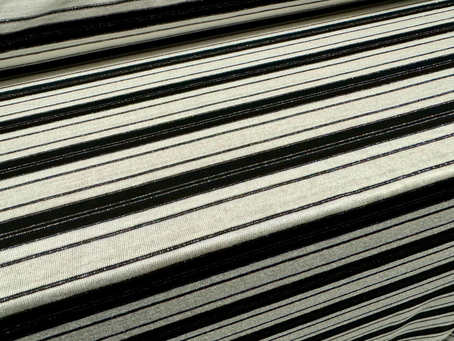 Metallic viscose single jersey fabric, per metre - lurex stripe - black white & silver