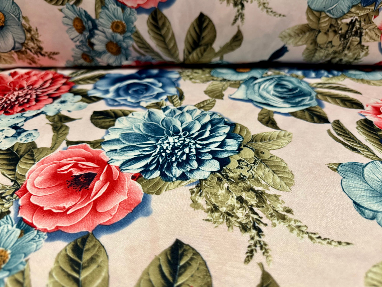Scuba crepe-back stretch spandex jersey fabric, per metre - roses & carnations print - blush pink and blue