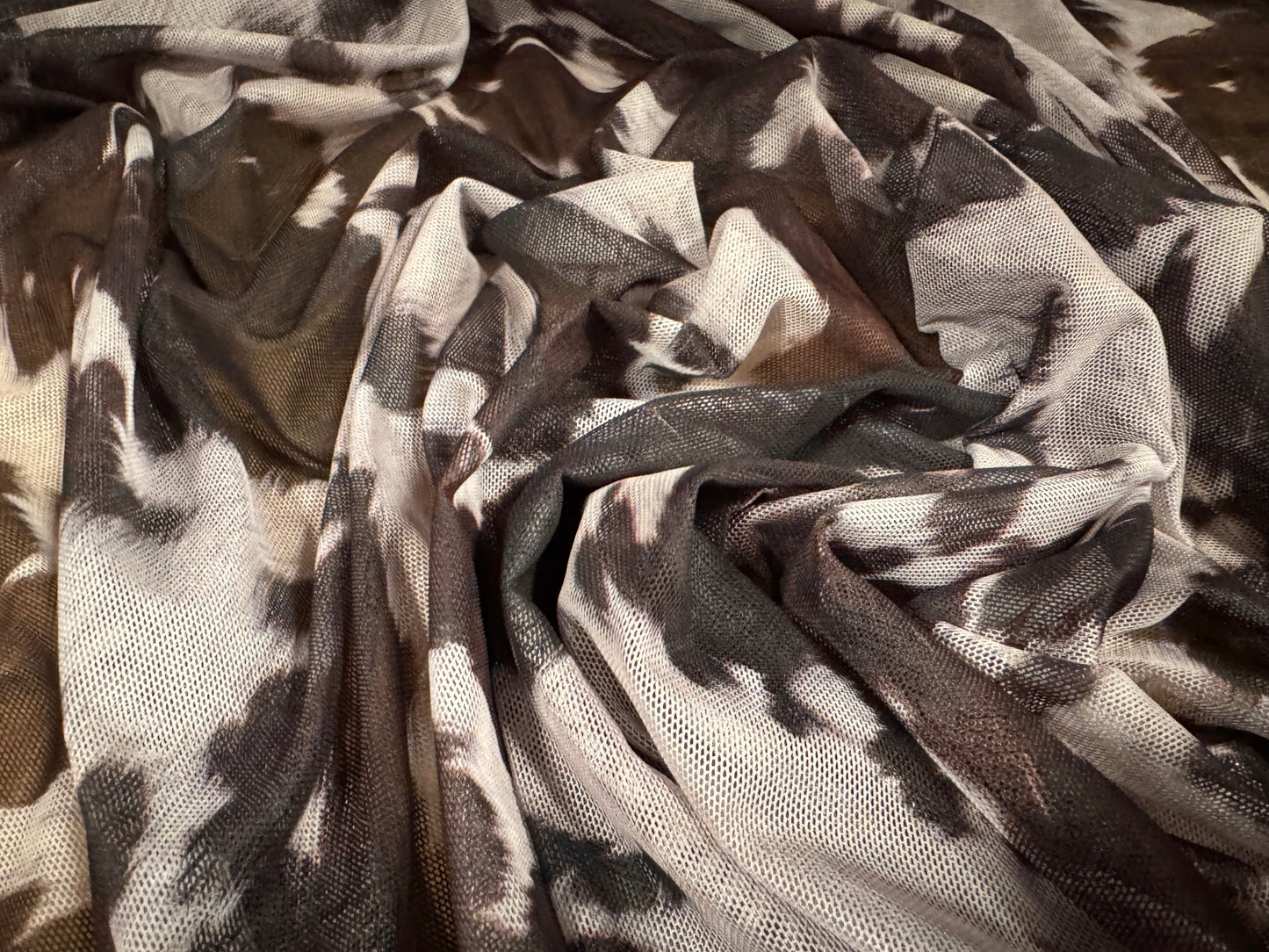 Power mesh net stretch spandex fabric, per metre - cow hide print - brown & pearl
