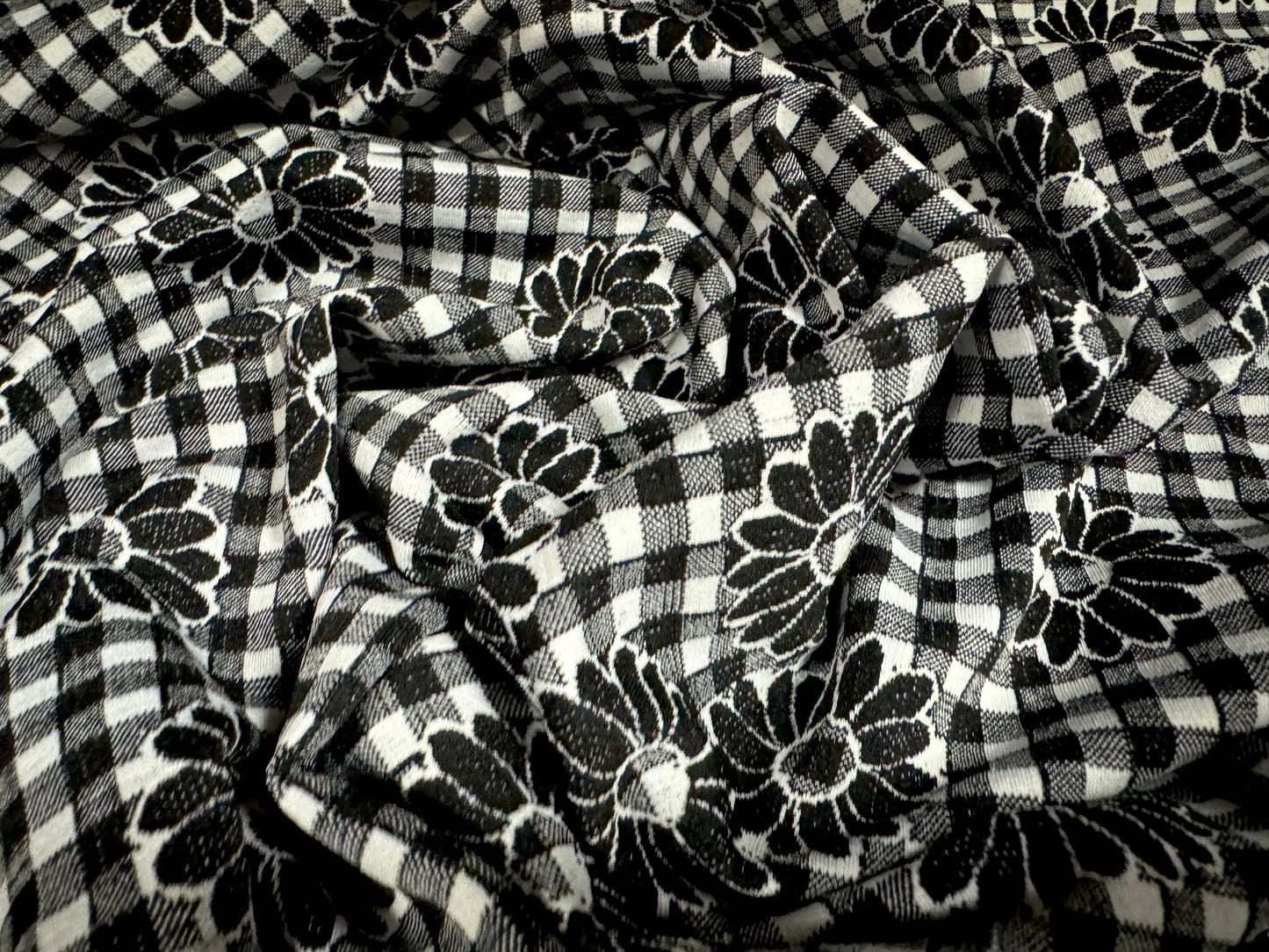 Stretch spandex double jersey fabric, per metre - daisies on gingham jacquard - black & white