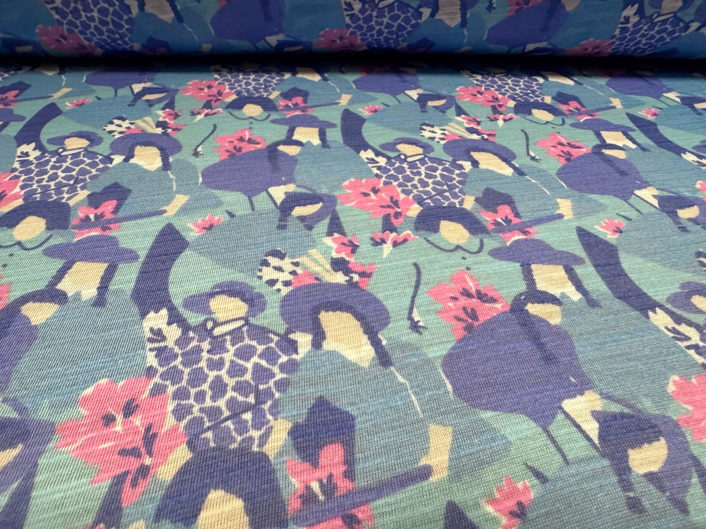 Soft handle slub jersey fabric, per metre - women and flowers print - blue & lavender