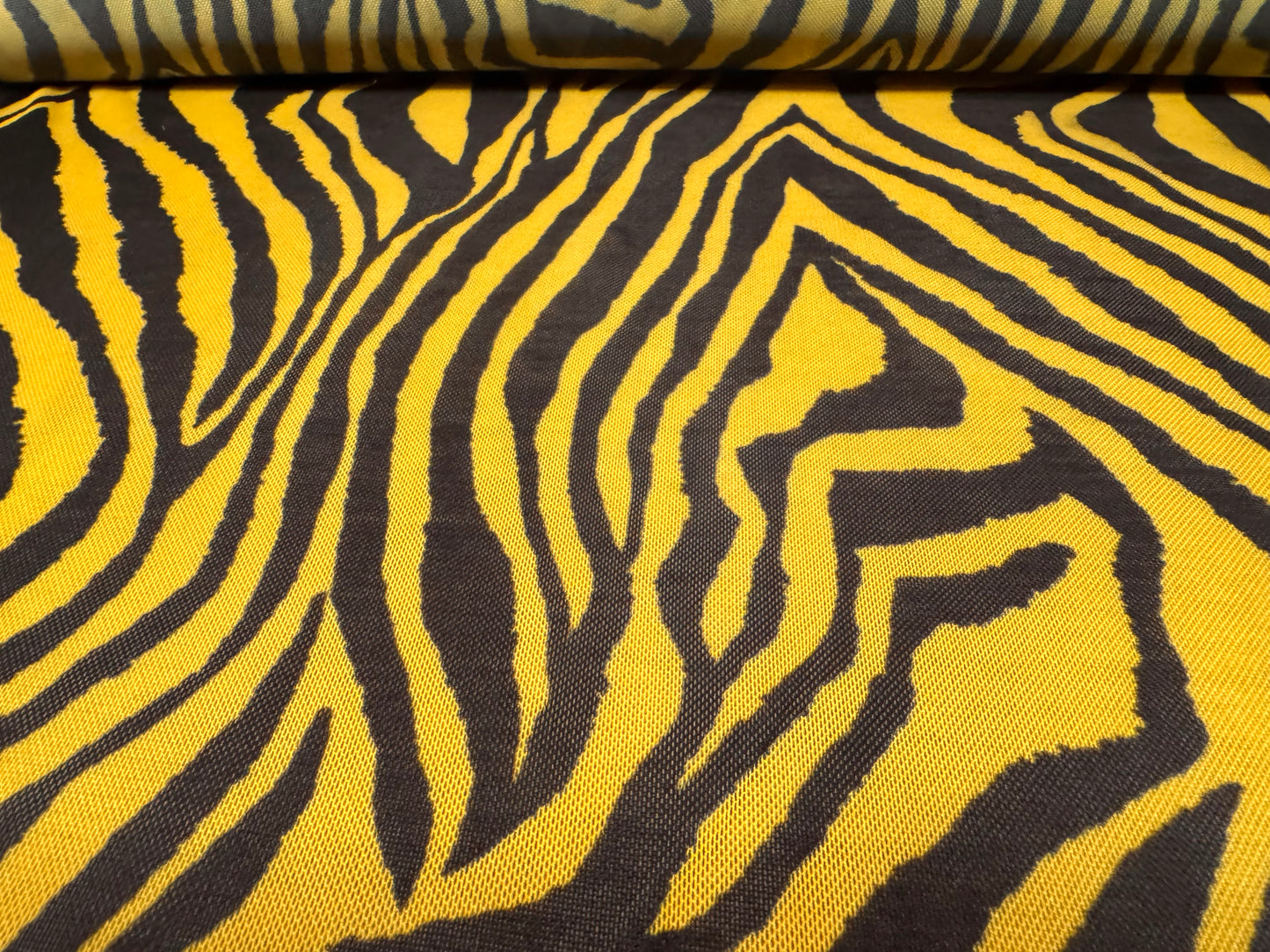 Power mesh net stretch spandex fabric, per metre - zebra animal print - yellow