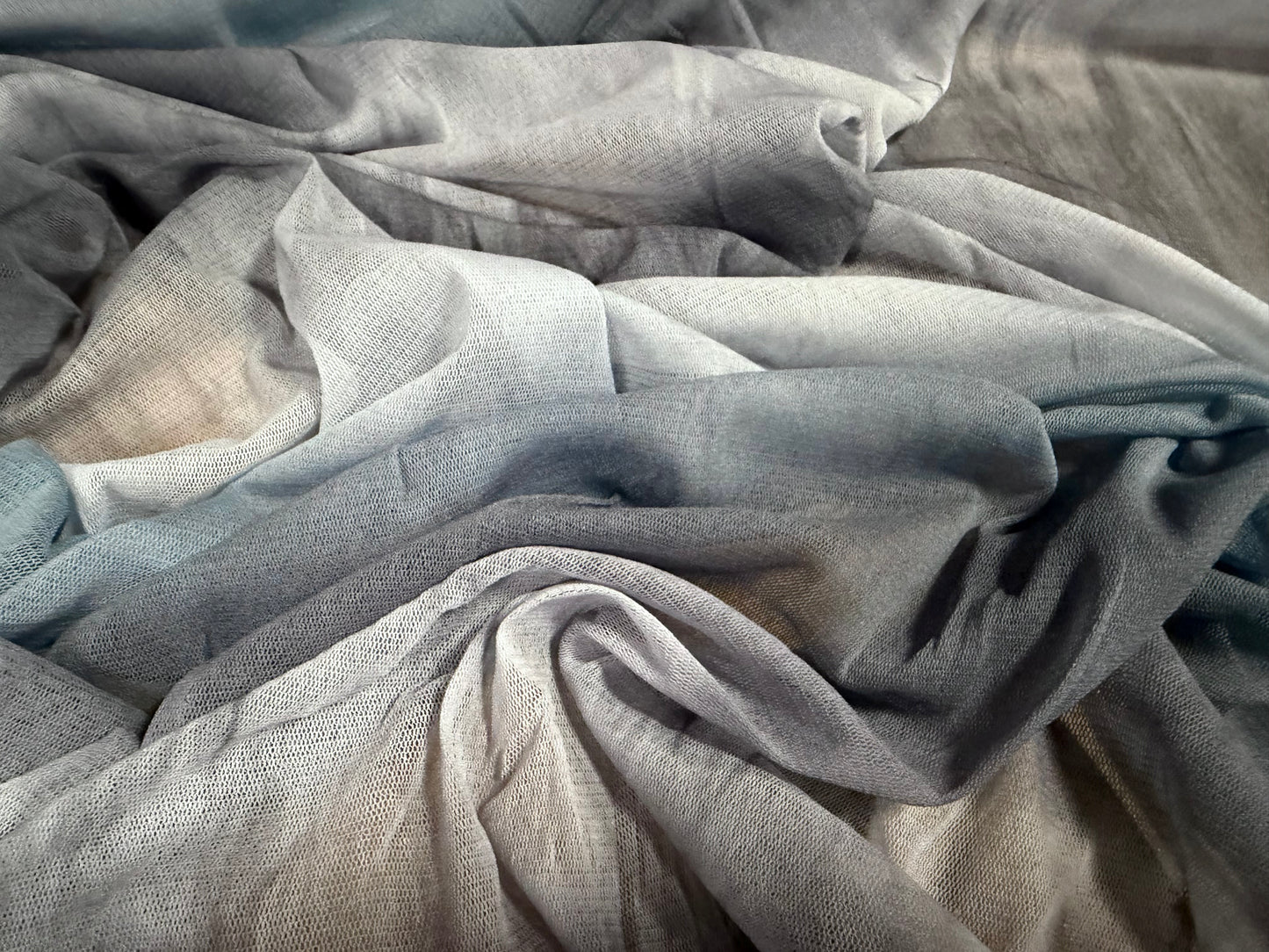 Stretch lightweight mesh net fabric, per metre - tie dye stripe - blue-grey