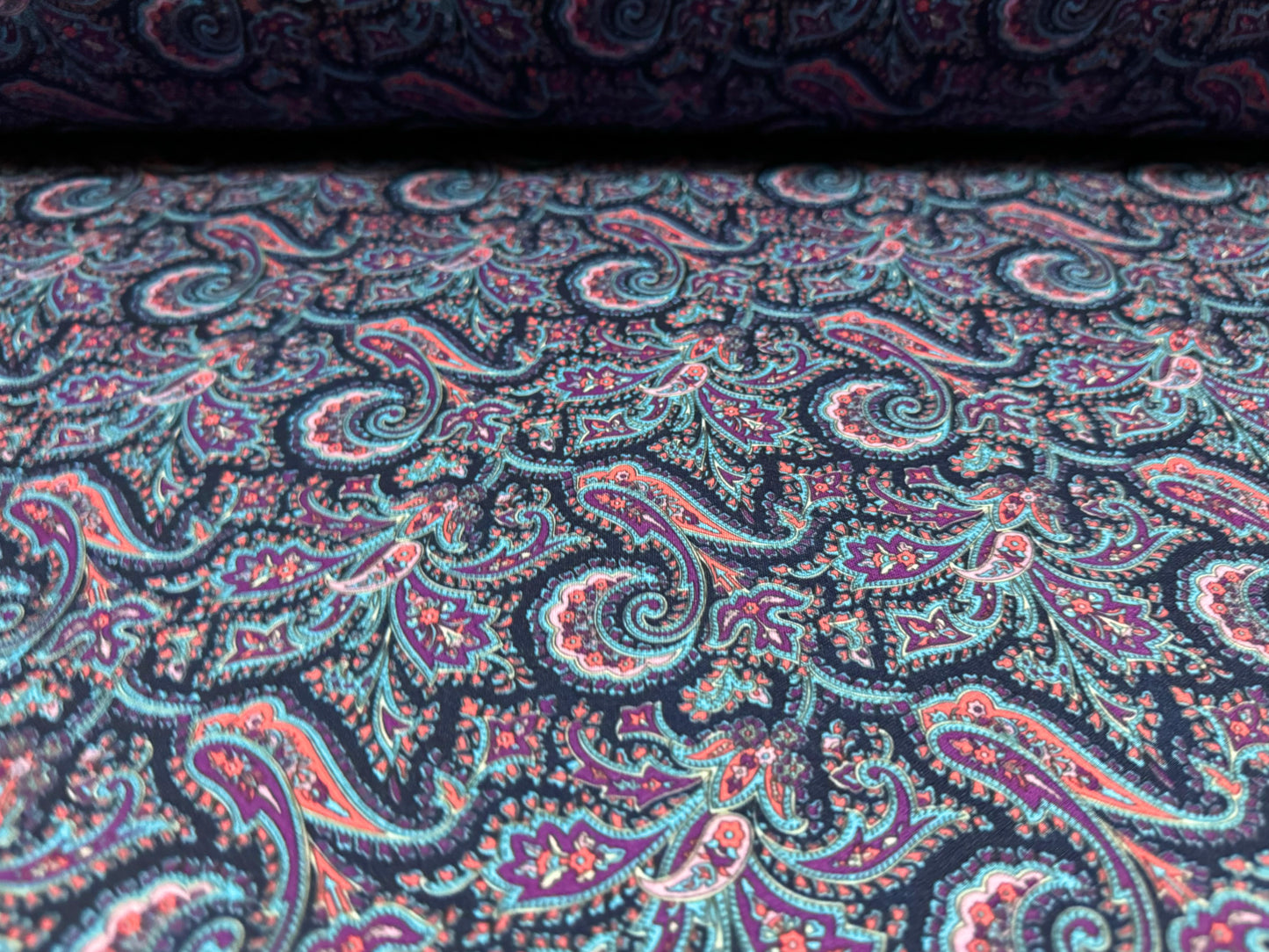 Scuba stretch spandex double jersey dress fabric, per metre - paisley print - navy blue & pink