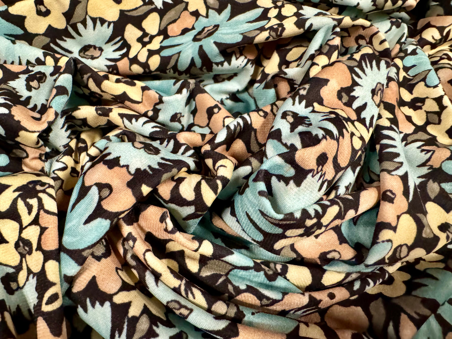 ITY stretch spandex single jersey fabric, per metre - gerbera flower print - duck egg & cream