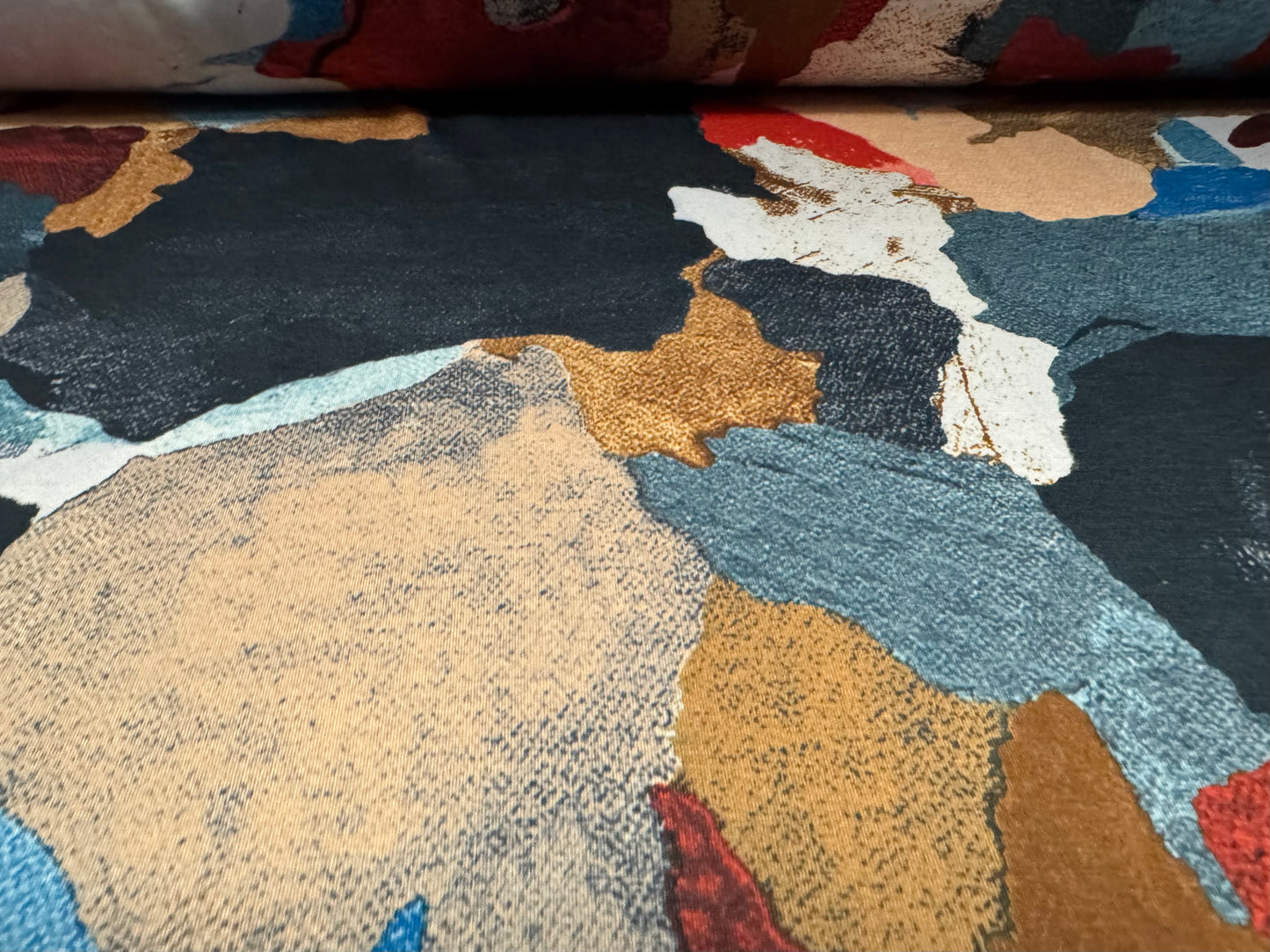Stretch spandex interlock jersey fabric, per metre - sbstract patchwork print - multicolour