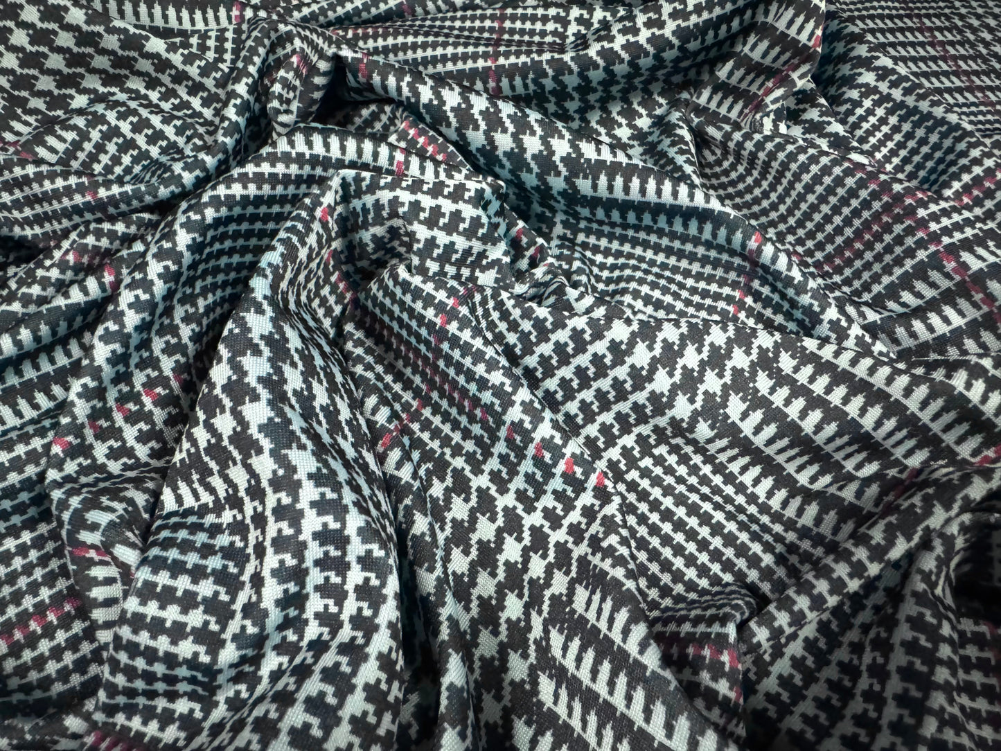 Stretch spandex single jersey fabric, per metre - dogtooth check print - sky blue & black