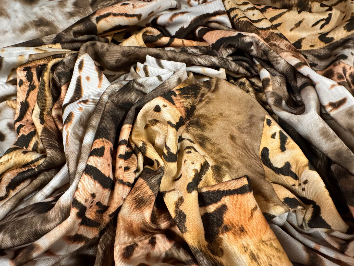 Soft touch stretch spandex single jersey fabric, per metre - animal collage - beige & gold
