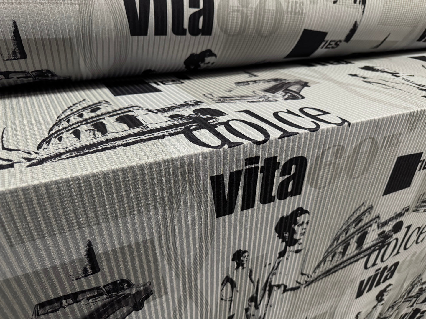 Stretch spandex rib jersey fabric, per metre - 60s retro Dolce Vita print - grey