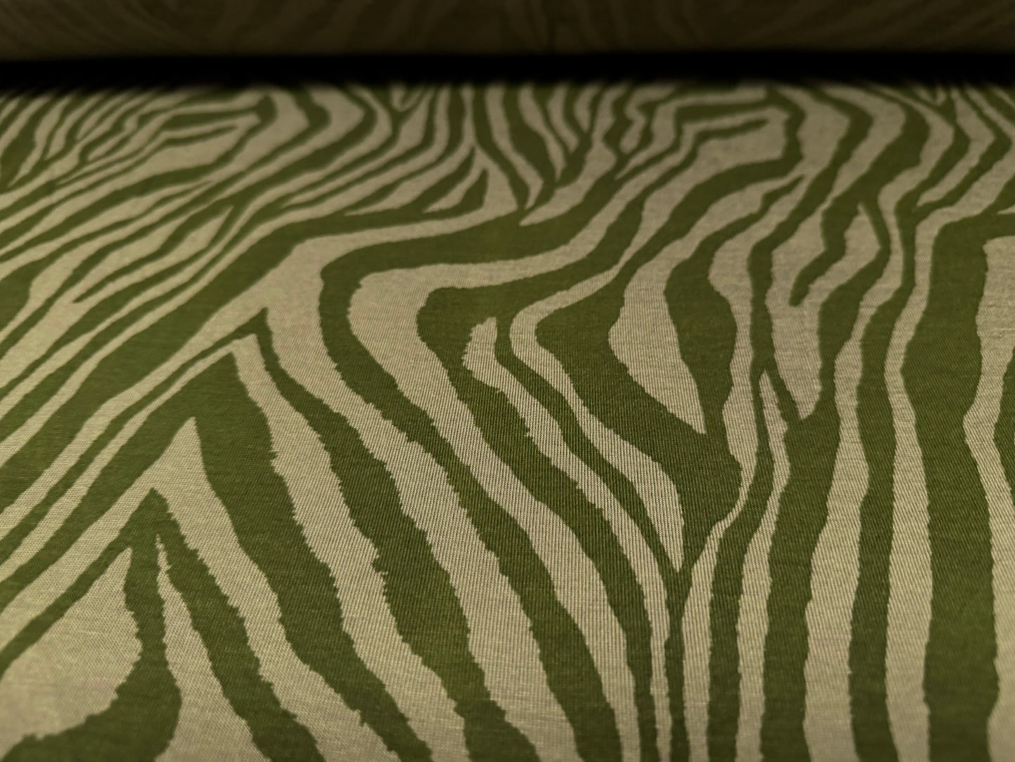 Viscose spandex stretch single jersey fabric, per metre - zebra animal print - khaki & olive green