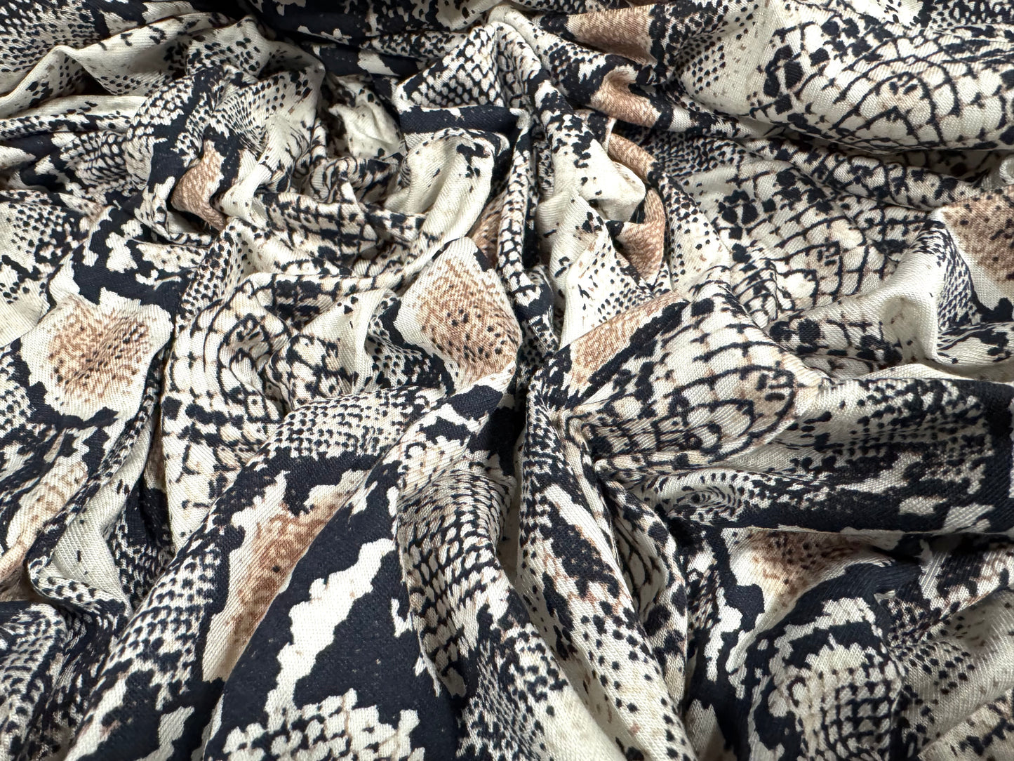 Viscose spandex stretch single jersey fabric, per metre - snakeskin print - cream & beige