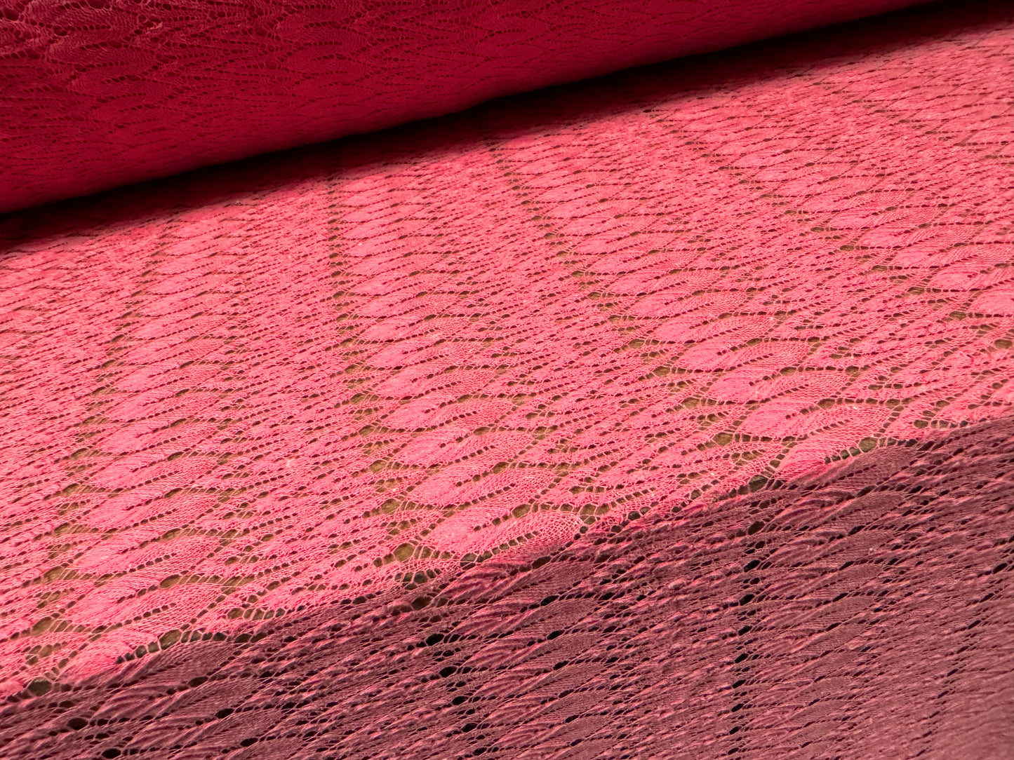Crochet lace dress fabric, per metre - squiggle design - pink