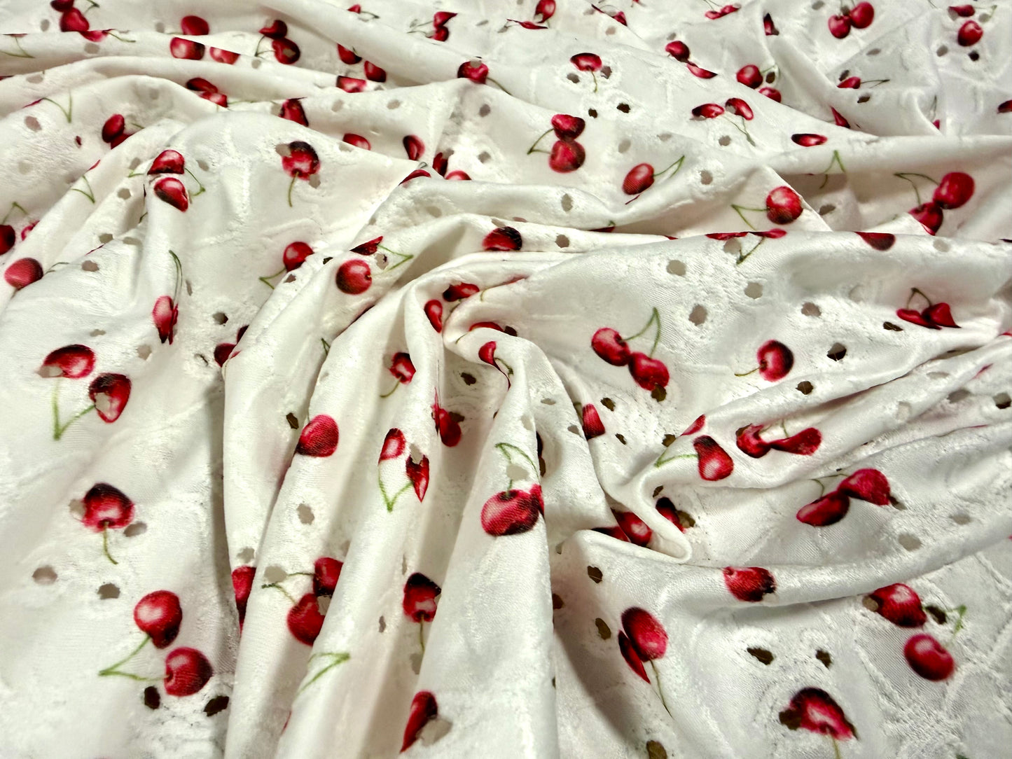 Broderie anglaise stretch spandex jersey fabric, per metre - cherry print - ivory & cerise