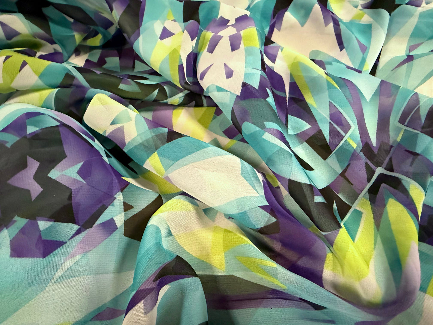 Chiffon lightweight woven dress blouse fabric, per metre - abstract geometric print - turquoise & purple