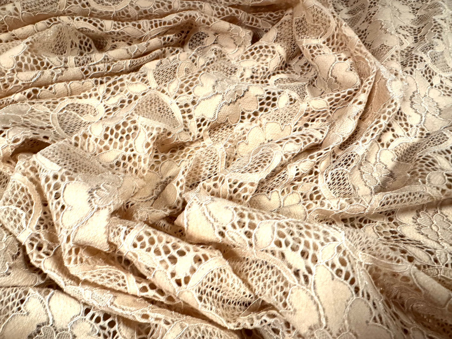 Corded stretch spandex lace fabric, per metre - floral - matte nude