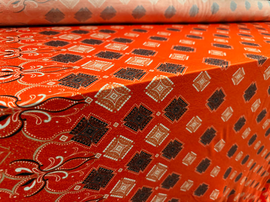 Viscose spandex stretch single jersey fabric, per metre - paisley double border print - orange