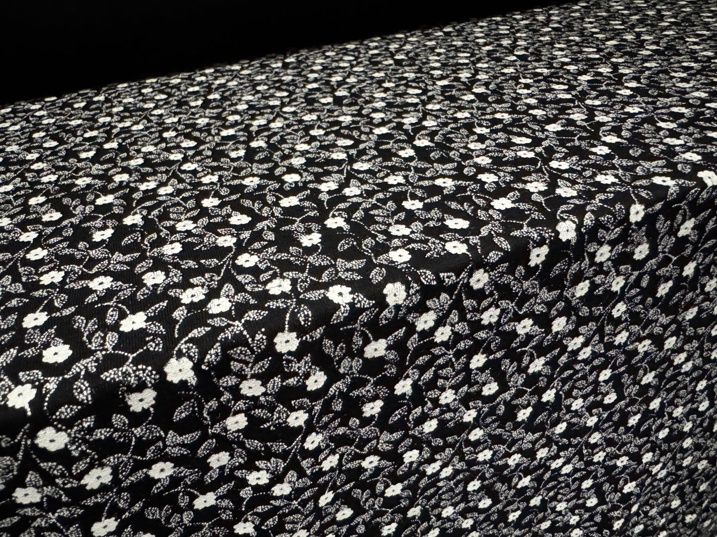 Viscose spandex stretch single jersey fabric, per metre - small ditsy flower print - black & white