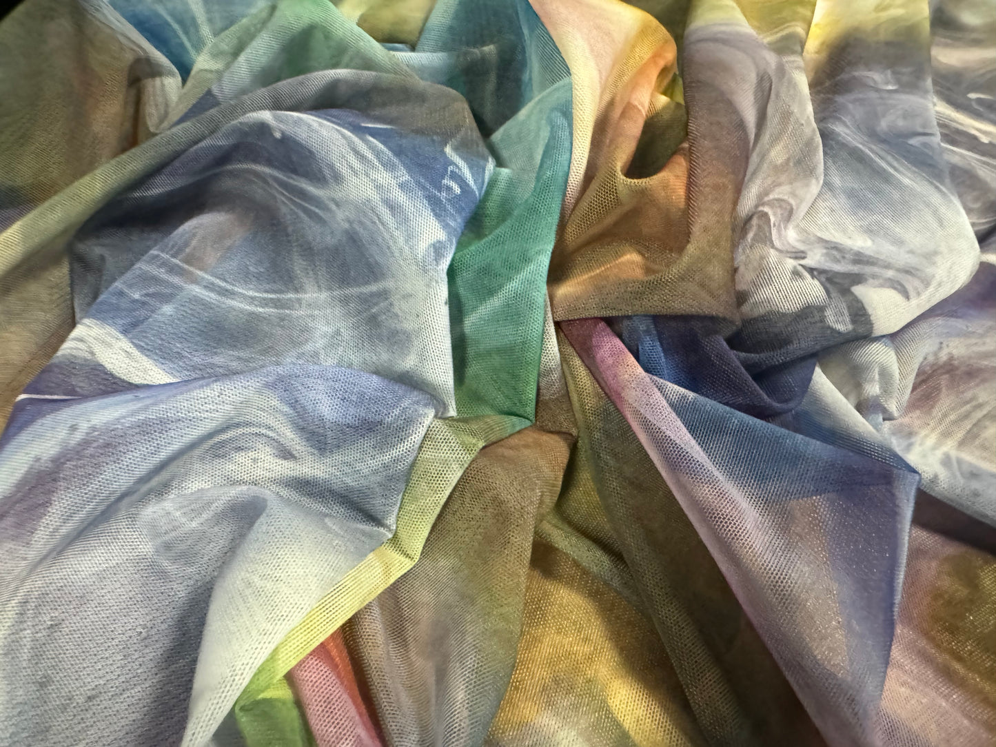 Power mesh net sheer stretch spandex fabric, per metre - paint explosion swirl print