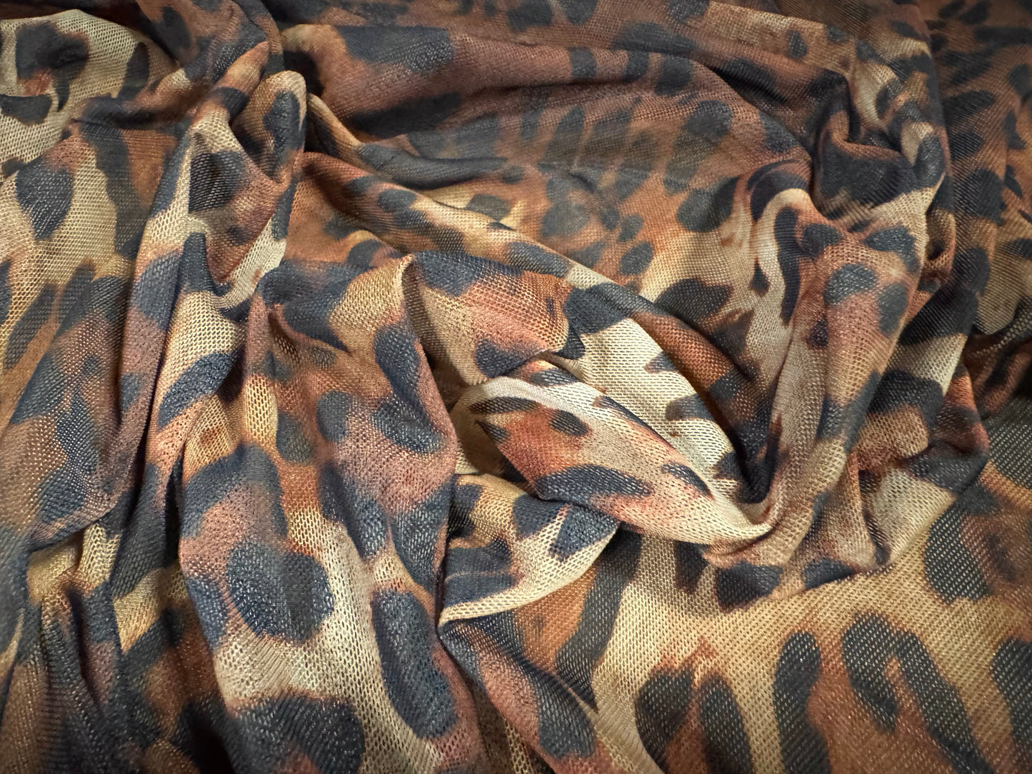 Power mesh net stretch spandex fabric, per metre - leopard animal print - brown