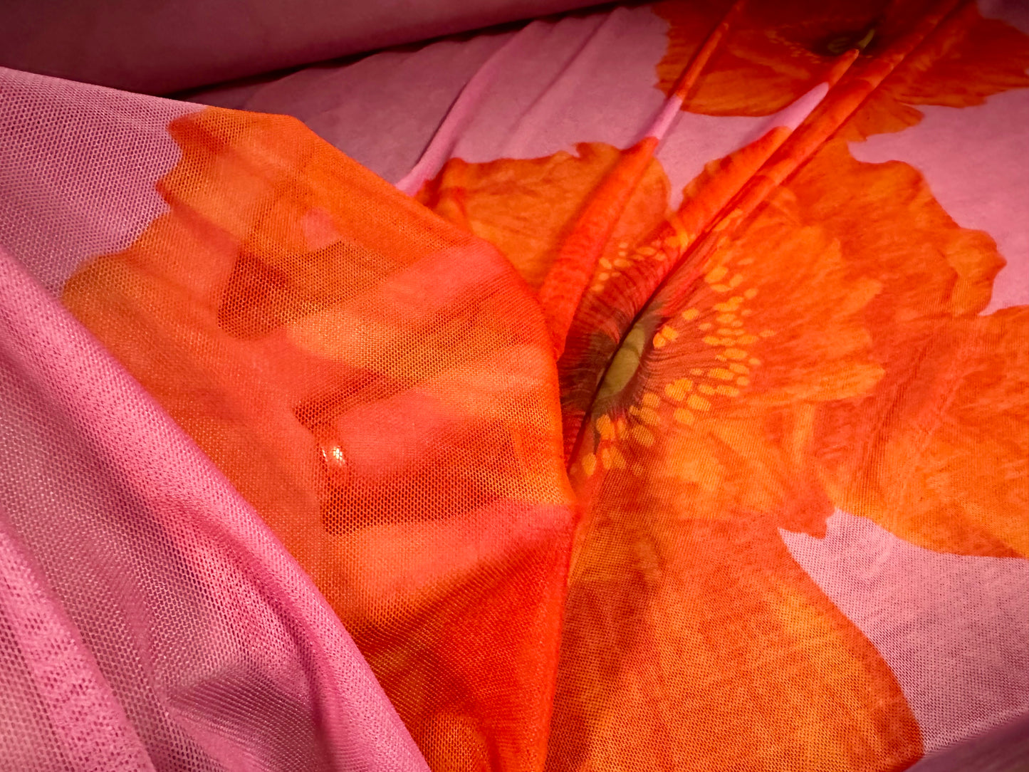 Power mesh net stretch spandex fabric, per metre - jumbo flower print - pink & orange