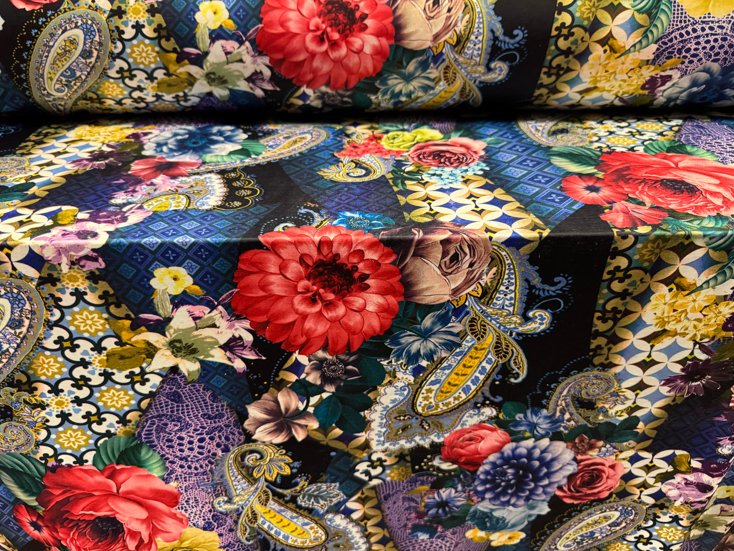 Soft touch stretch spandex single jersey fabric, per metre - paisley rose print - multicolour