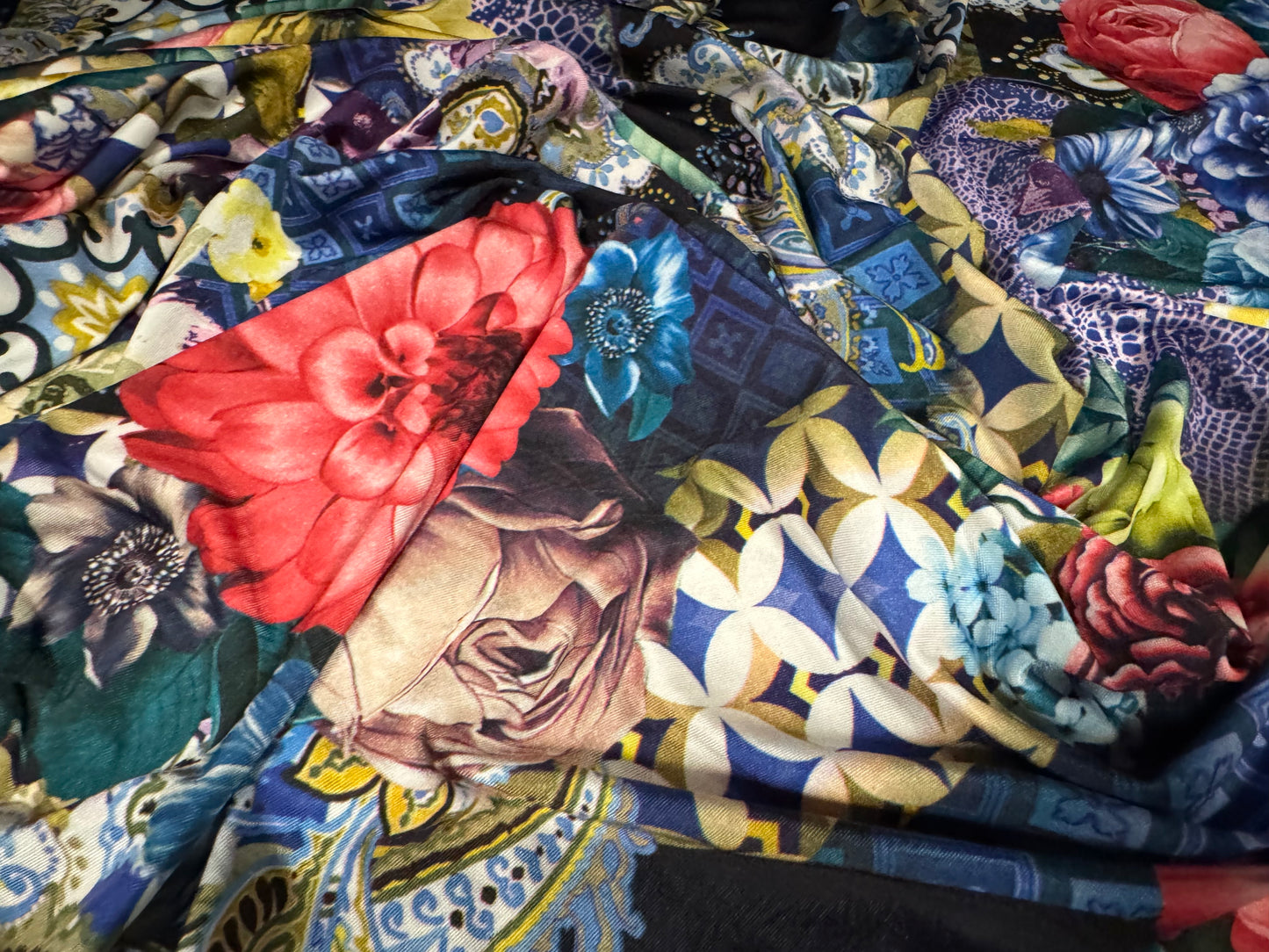 Soft touch stretch spandex single jersey fabric, per metre - paisley rose print - multicolour