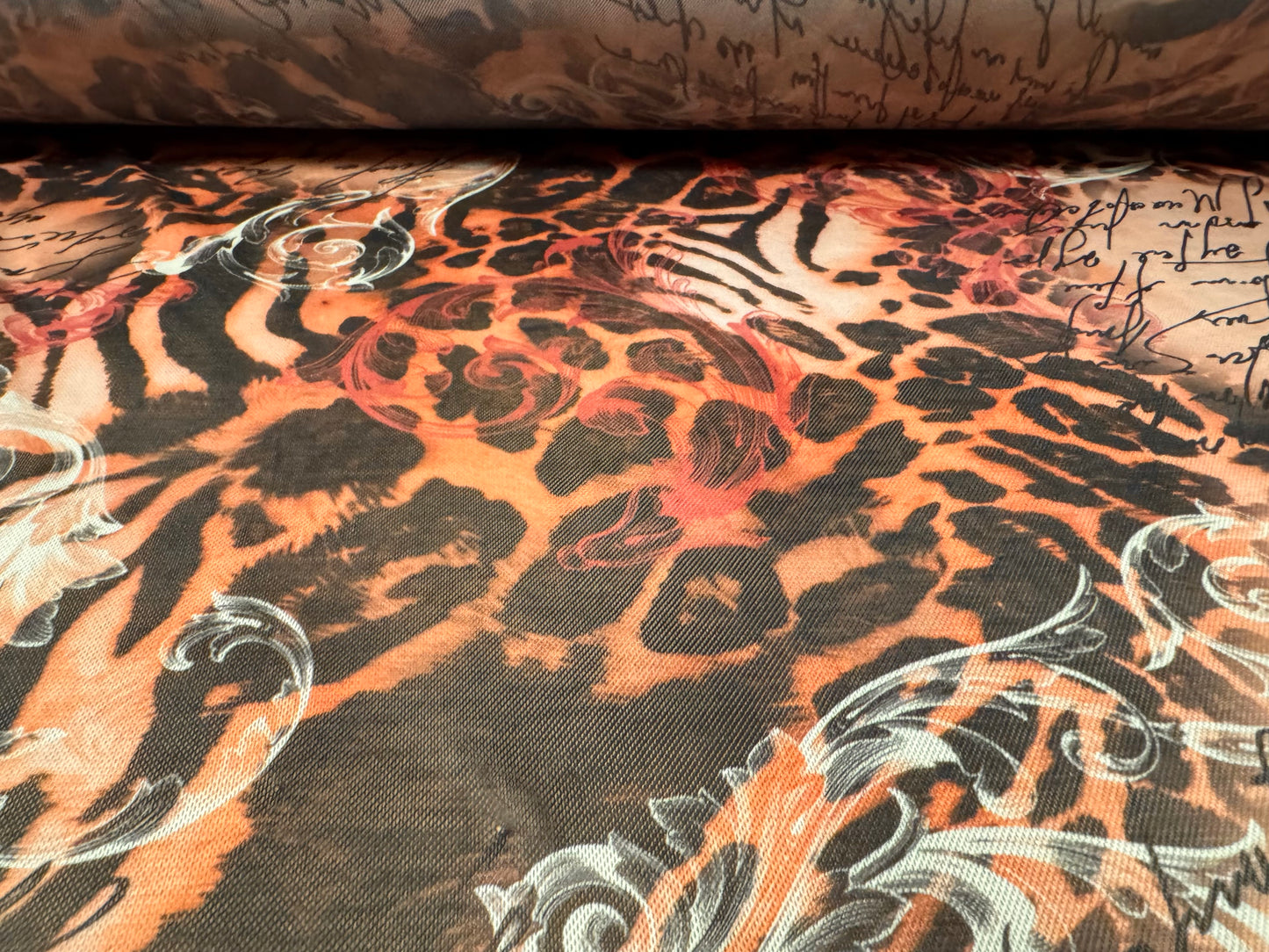 Power mesh net stretch spandex fabric, per metre - leopard & verse print - peach & nude