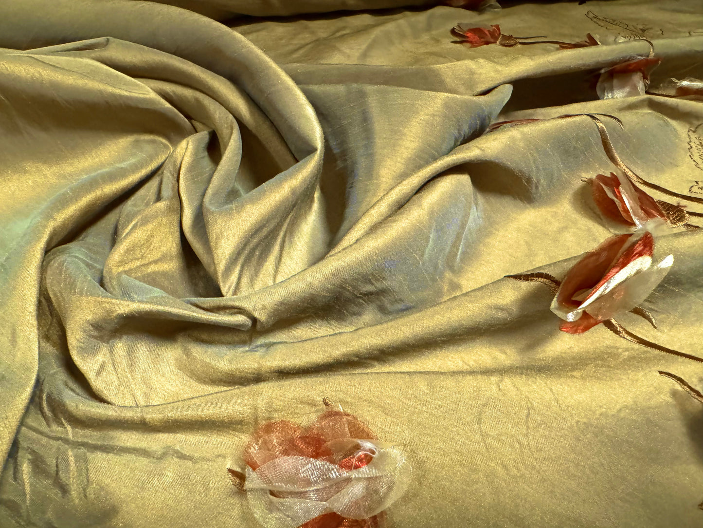 Taffeta faux silk fabric, per metre - embroidered flower appliqué border - old gold