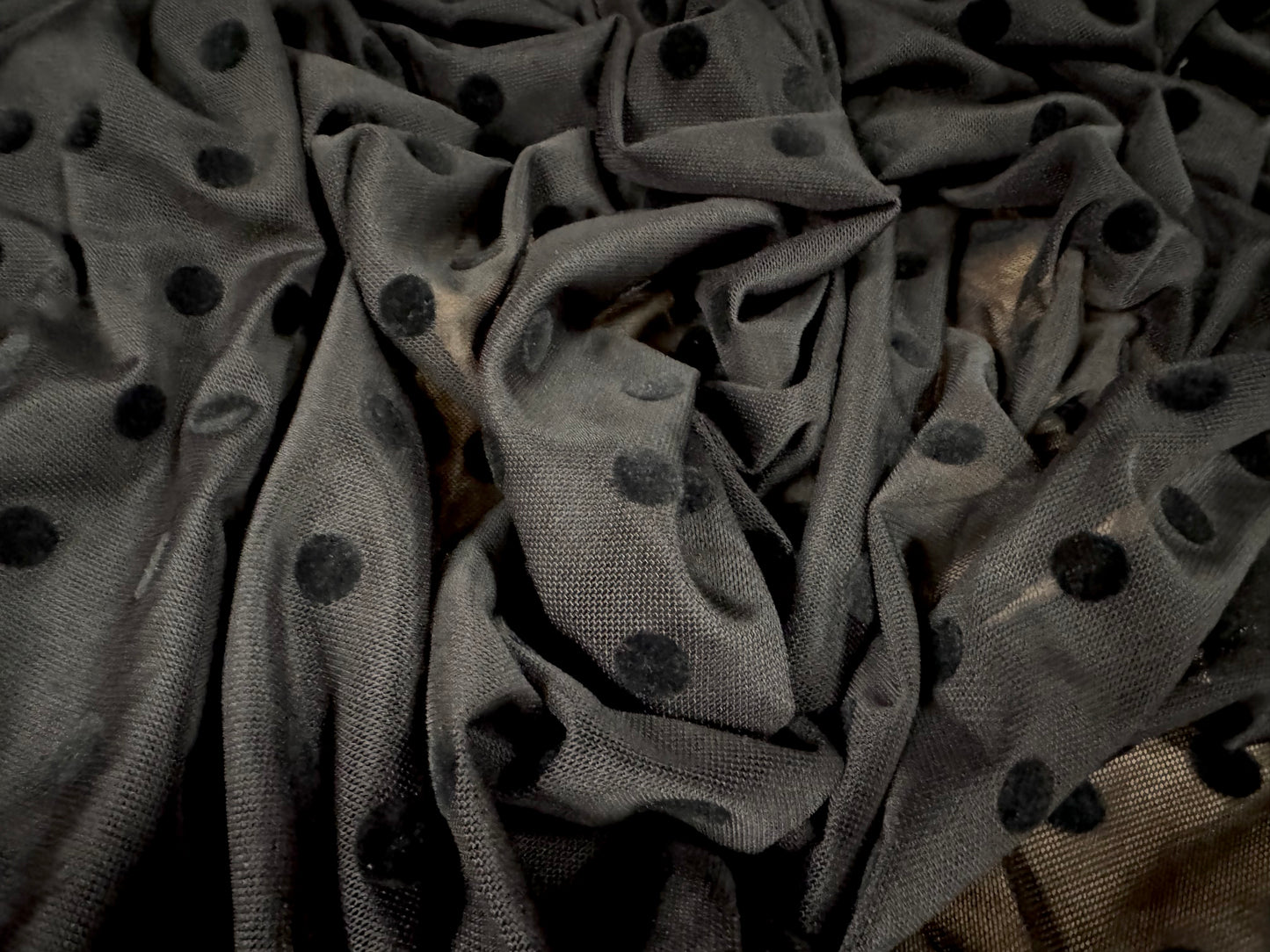 Power mesh net stretch spandex fabric, per metre - polka dot - black on black