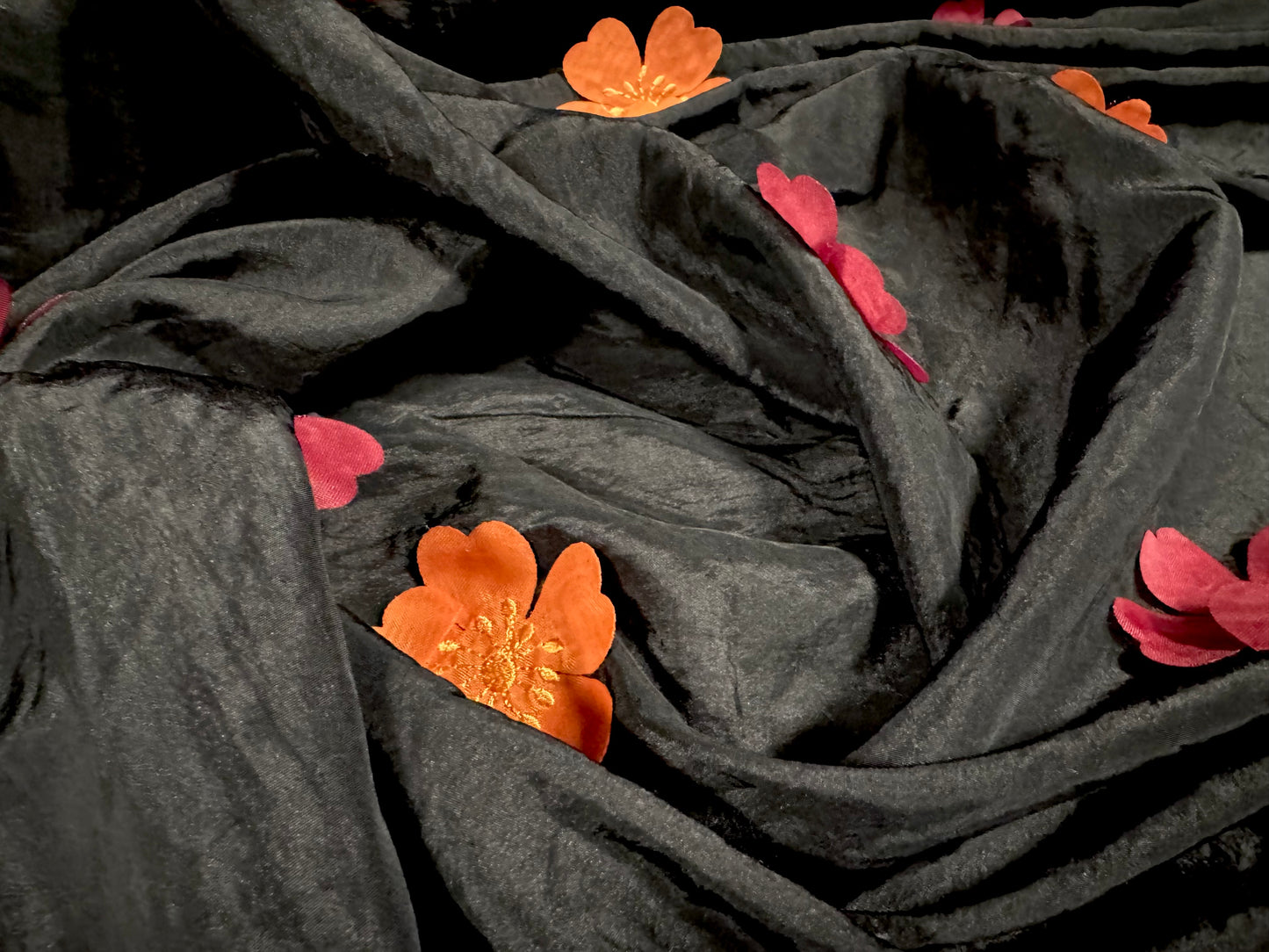 Taffeta faux silk fabric - flower appliqué - black burgundy & orange