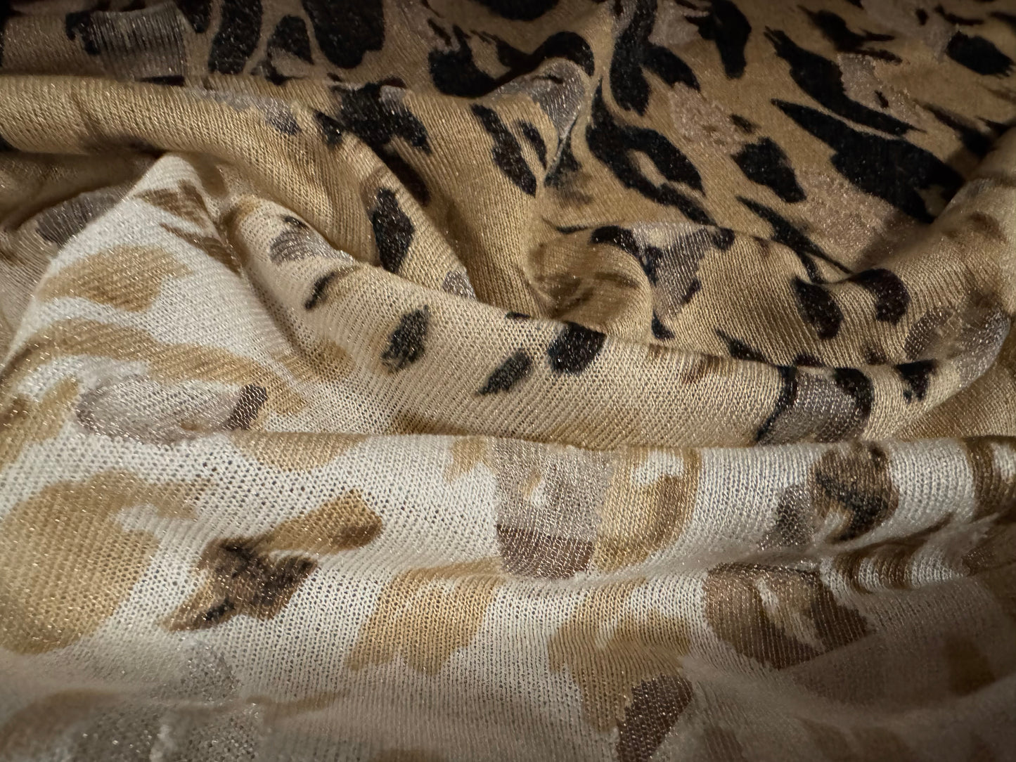 Burnout crepe single jersey fabric, per metre - leopard panel print - gold & beige