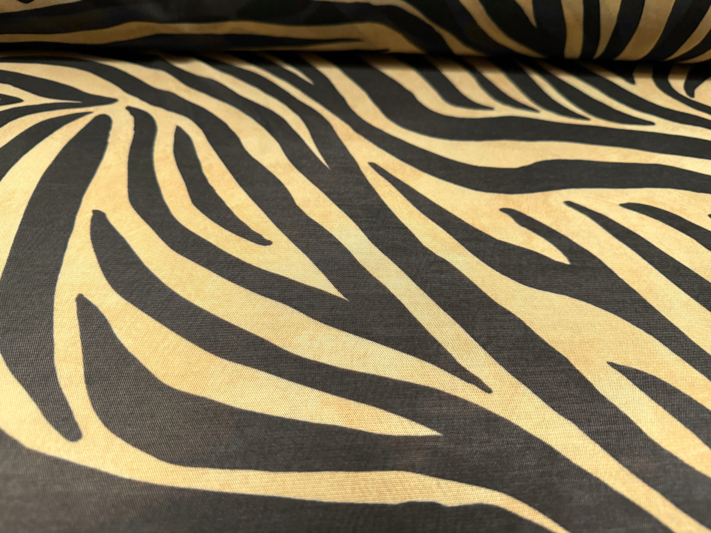 Power mesh crepe stretch spandex fabric, per metre - zebra animal print - yellow cream