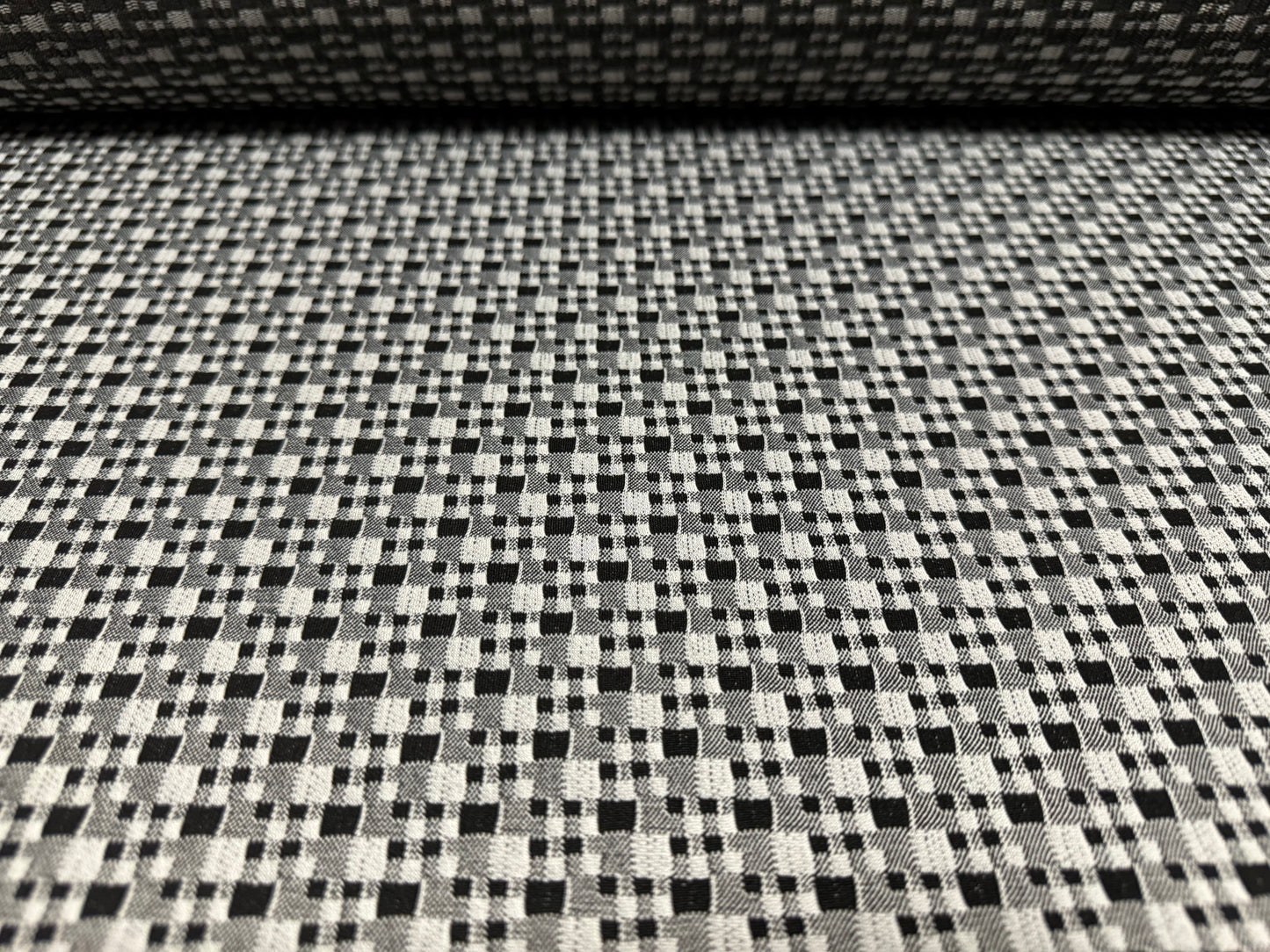 Stretch double jersey fabric, per metre - distressed gingham check - black & grey