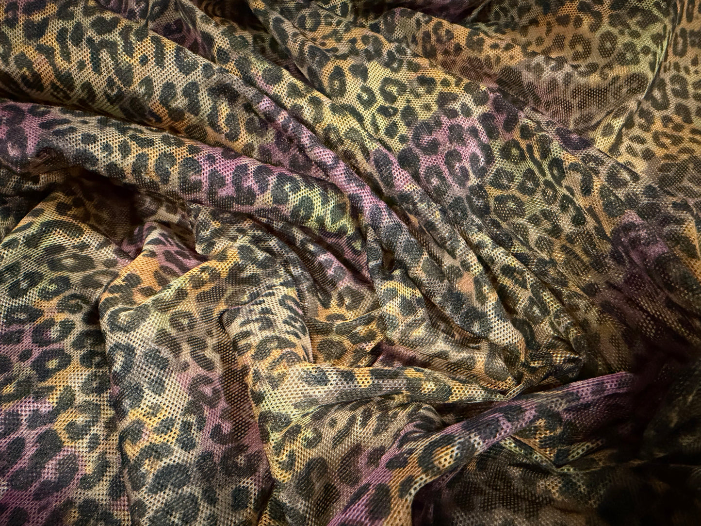 Power mesh net stretch spandex fabric, per metre - cheetah animal print - pink orange & green