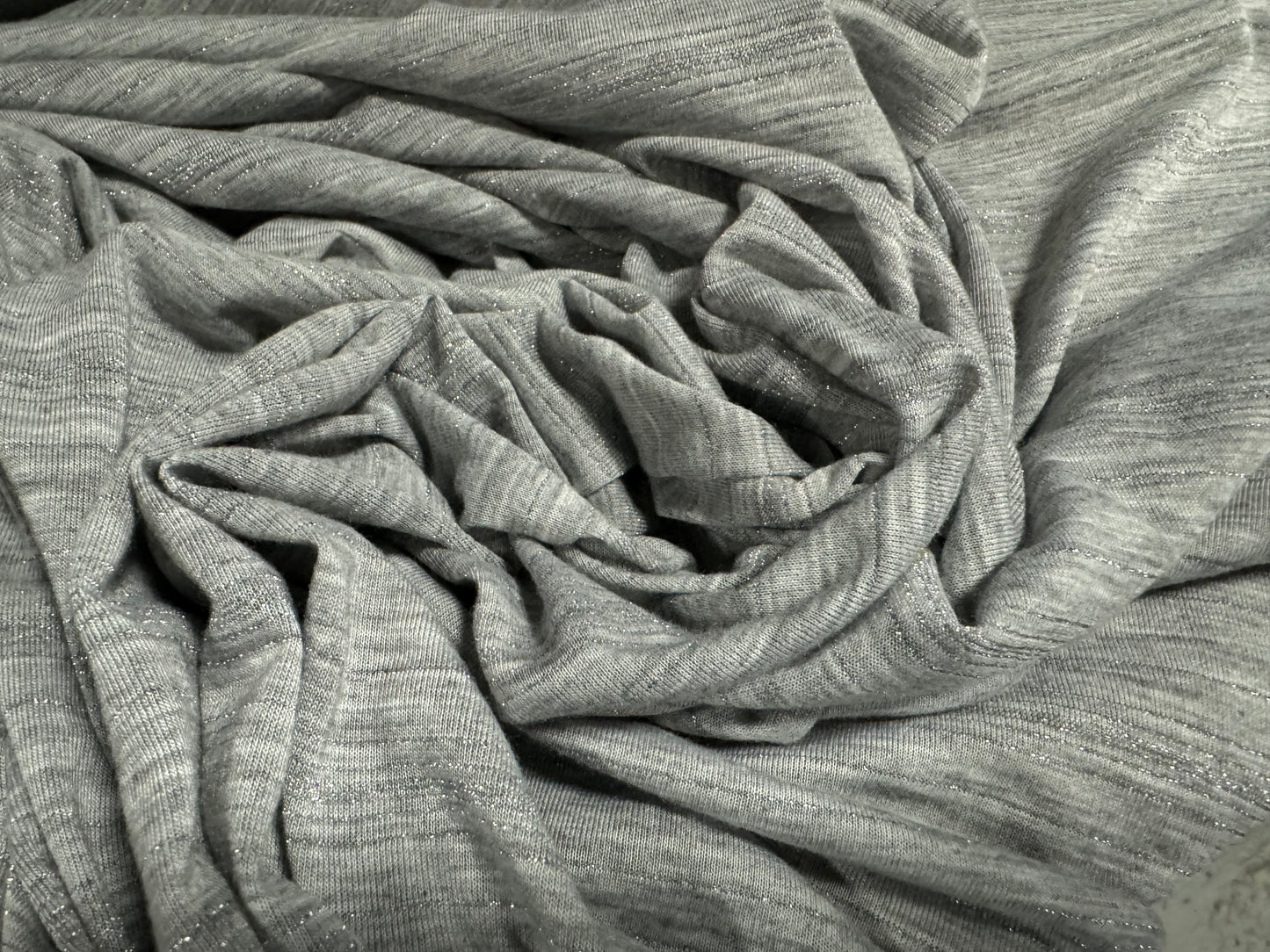 Metallic viscose spandex stretch single jersey fabric, per metre - stripe - grey marl with silver lurex