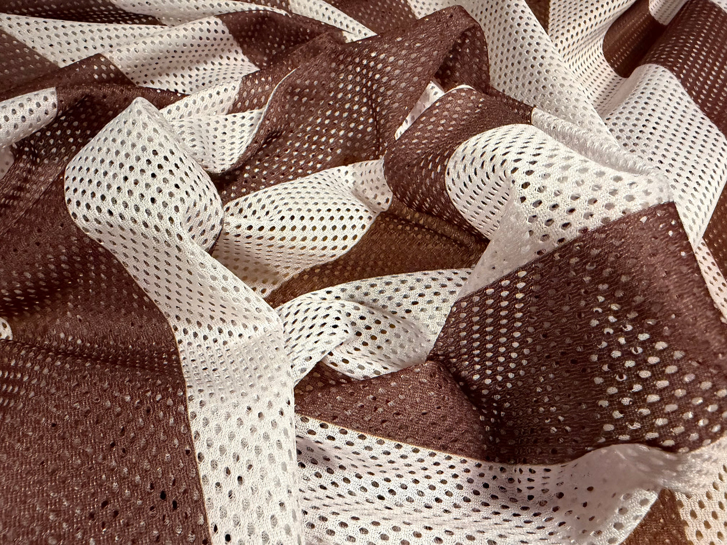 Airtex mesh eyelet fabric, per metre - stripe print - brown & ivory