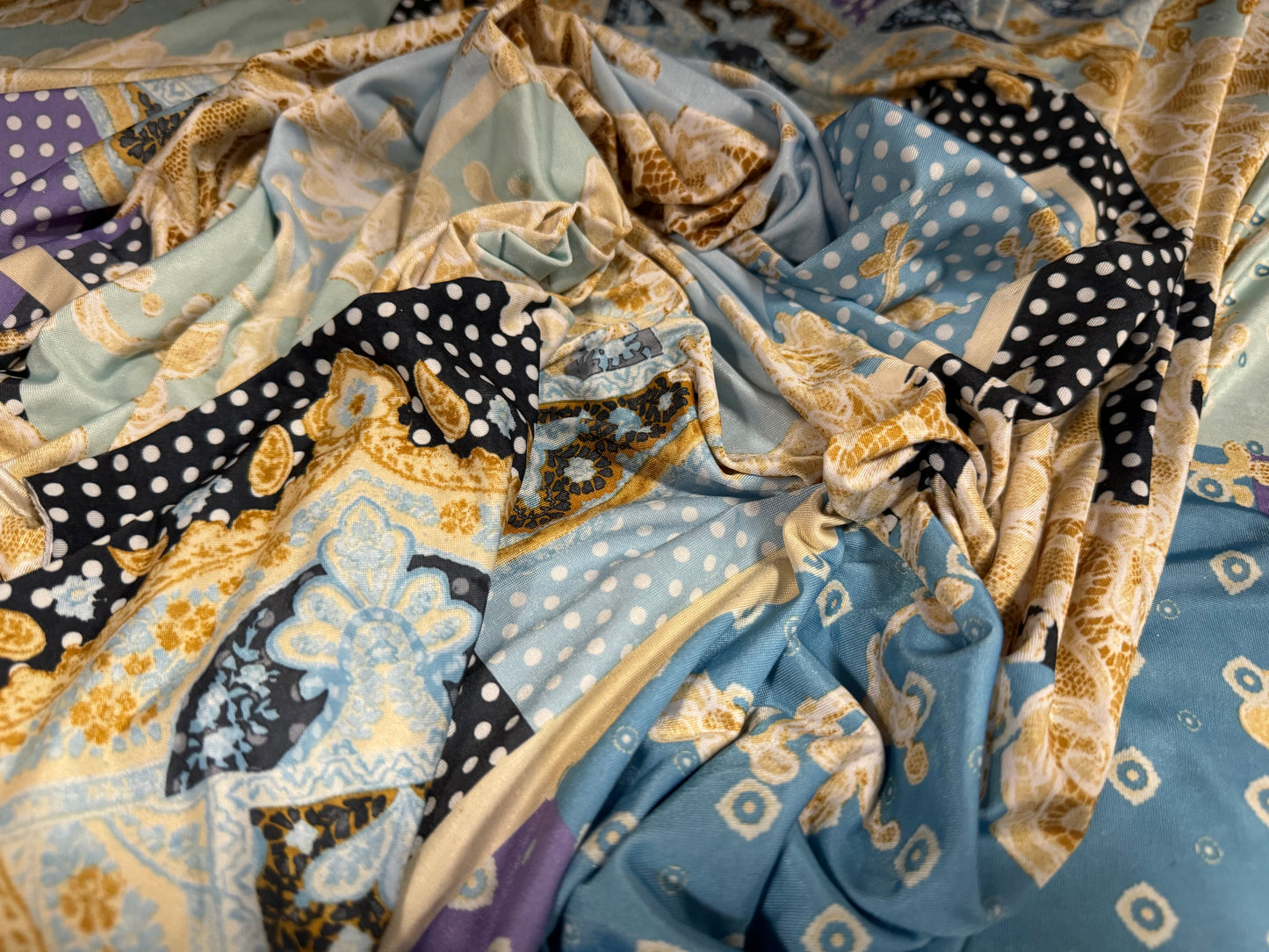 Soft touch stretch spandex single jersey fabric, per metre - spotty paisley patchwork - blue purple & gold
