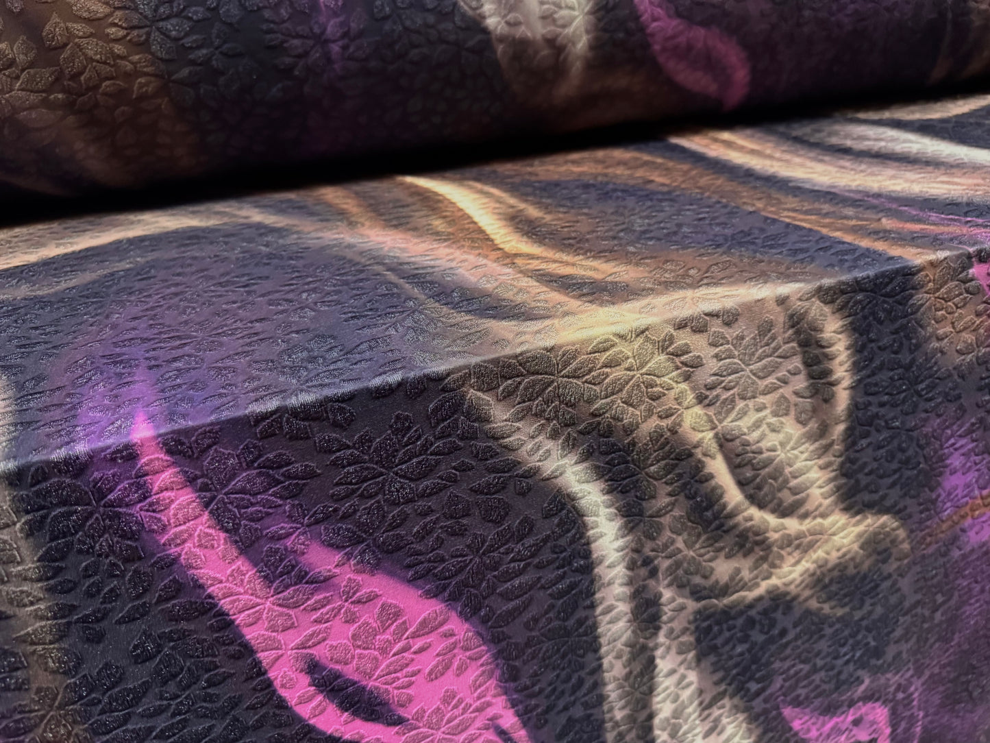 Stretch spandex jersey jacquard fabric, per metre - dreamscape print - purple & pink