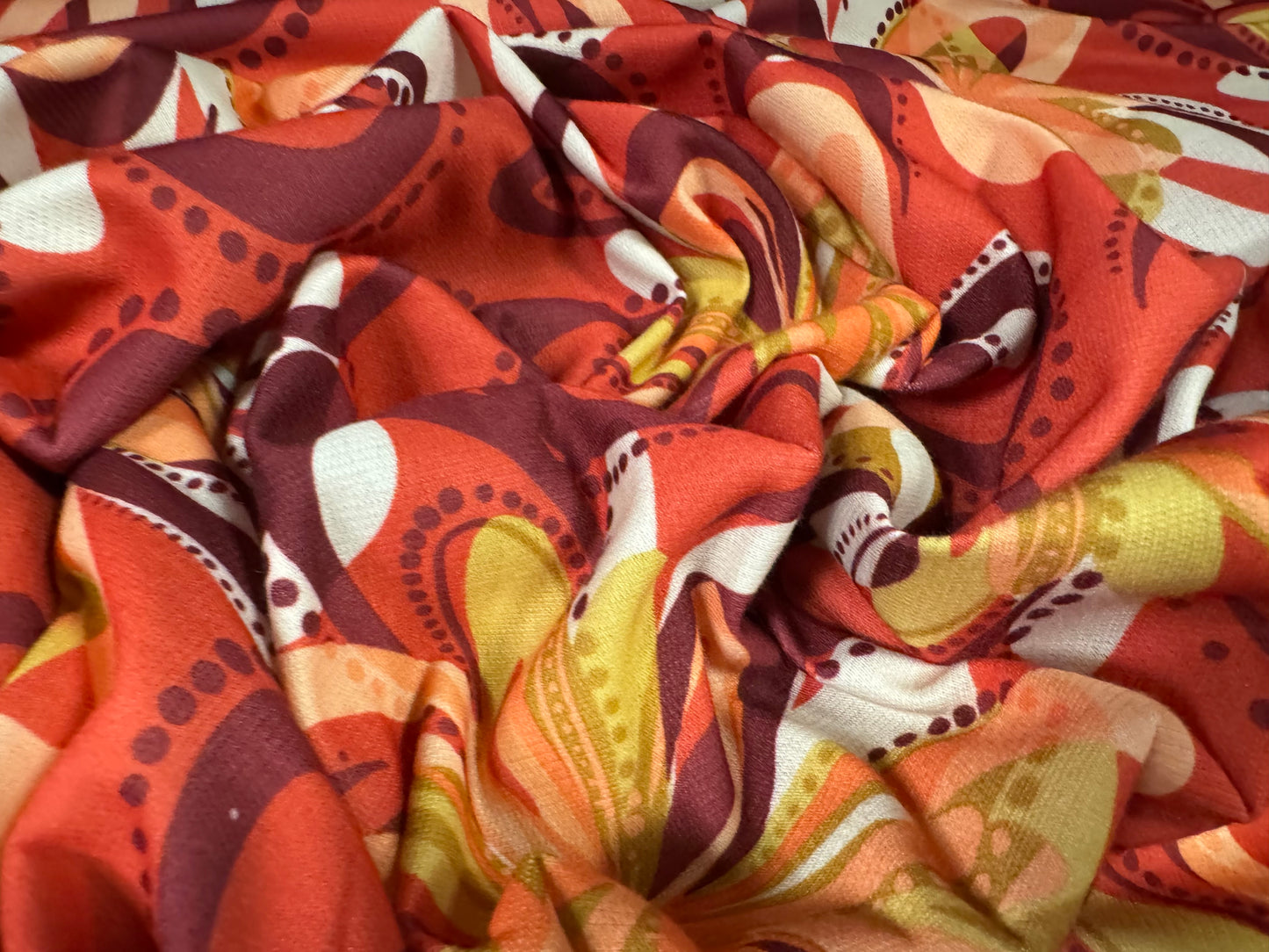 French Terry loopback sweatshirt jersey fabric, per metre - retro floral print - dark coral