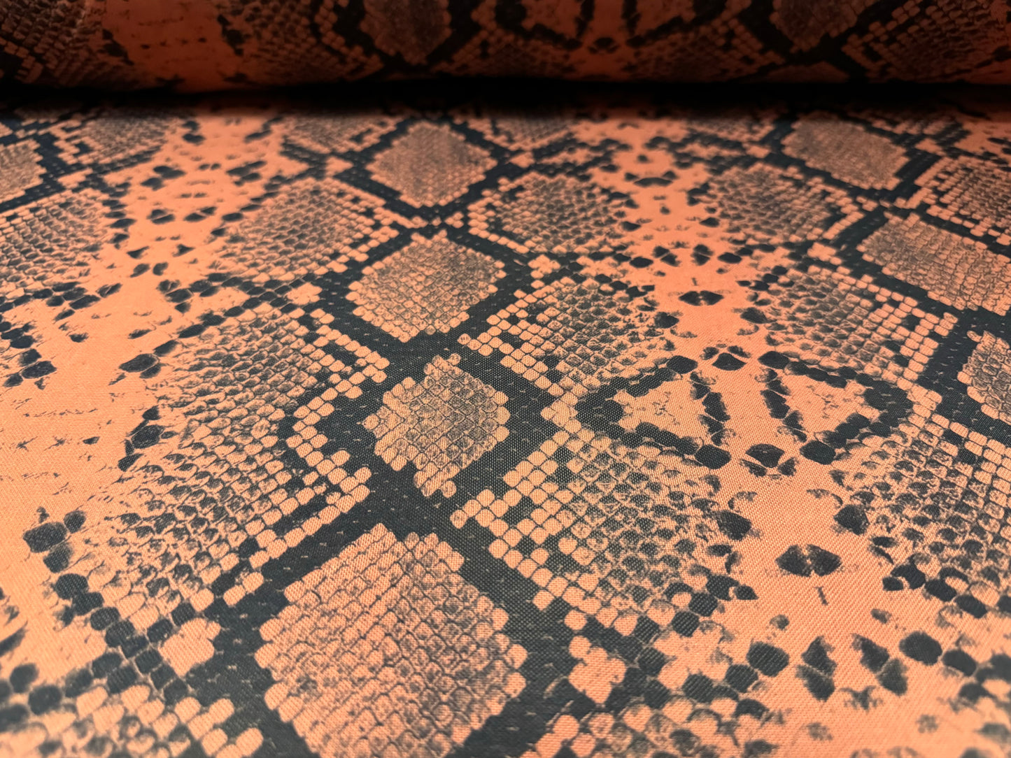 Power mesh net stretch spandex fabric, per metre - snakeskin animal print - terracotta