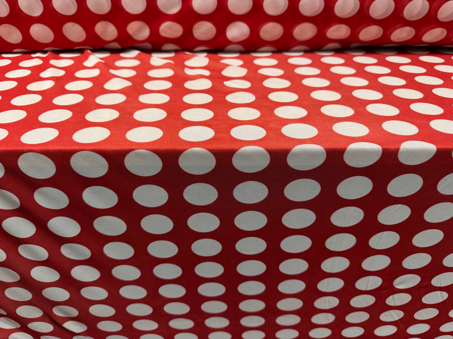 Power mesh net stretch spandex fabric, per metre - polka dot print - red & white