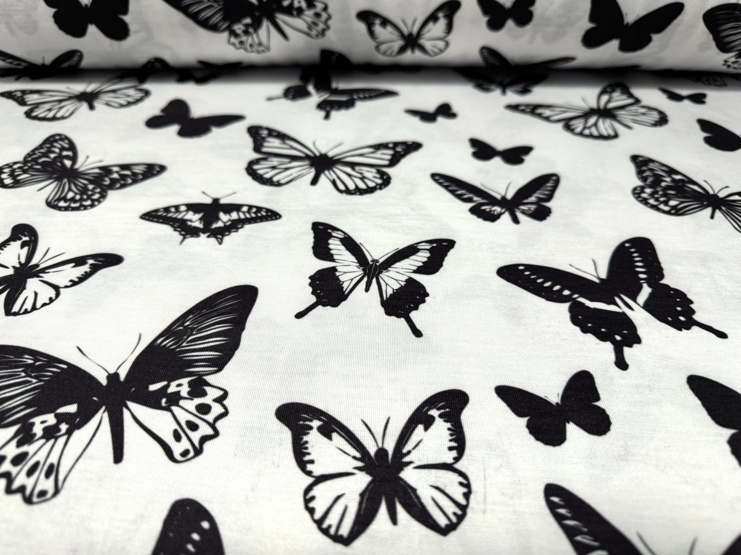 Soft handle stretch single jersey fabric, per metre - butterflies print - black & white