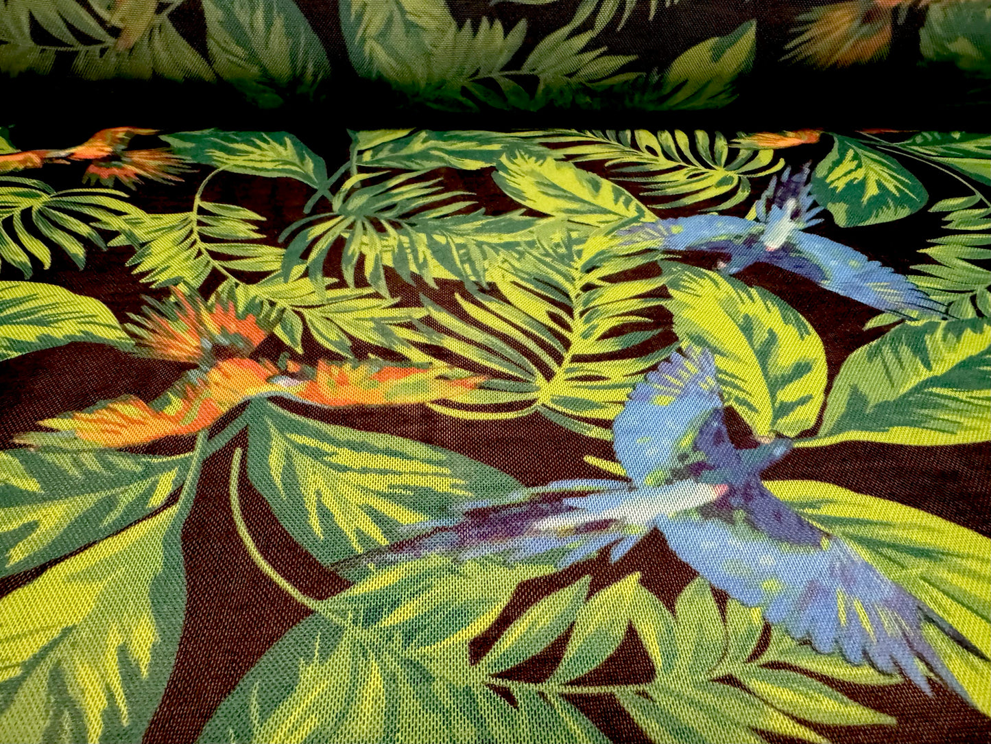 Power mesh net stretch spandex fabric, per metre - parrots in the rainforest - multicolour