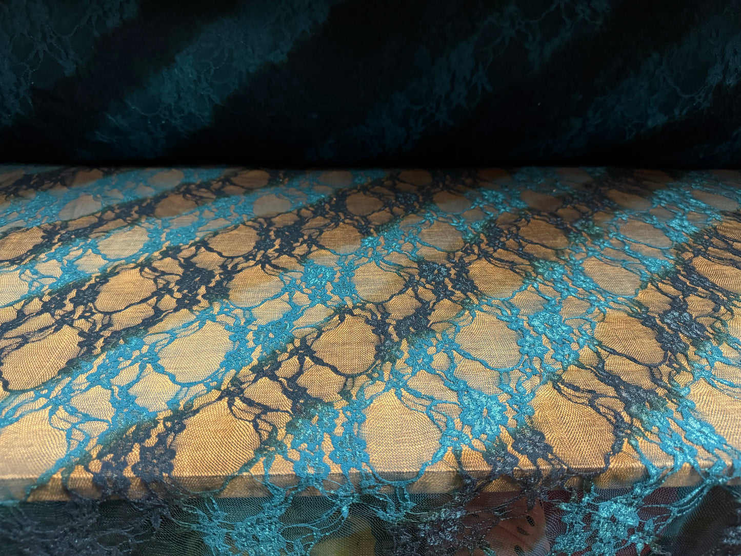 Stretch spandex mesh lace fabric, per metre - diagonal smudge stripe print - kingfisher
