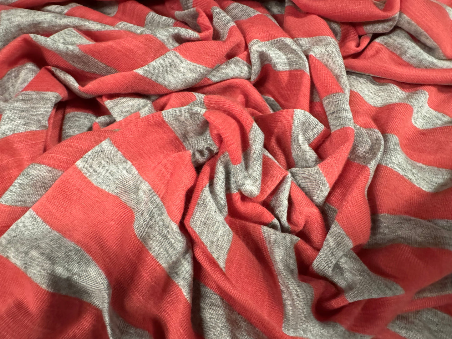 Stretch viscose blend single jersey fabric, per metre - stripe - coral & grey marl