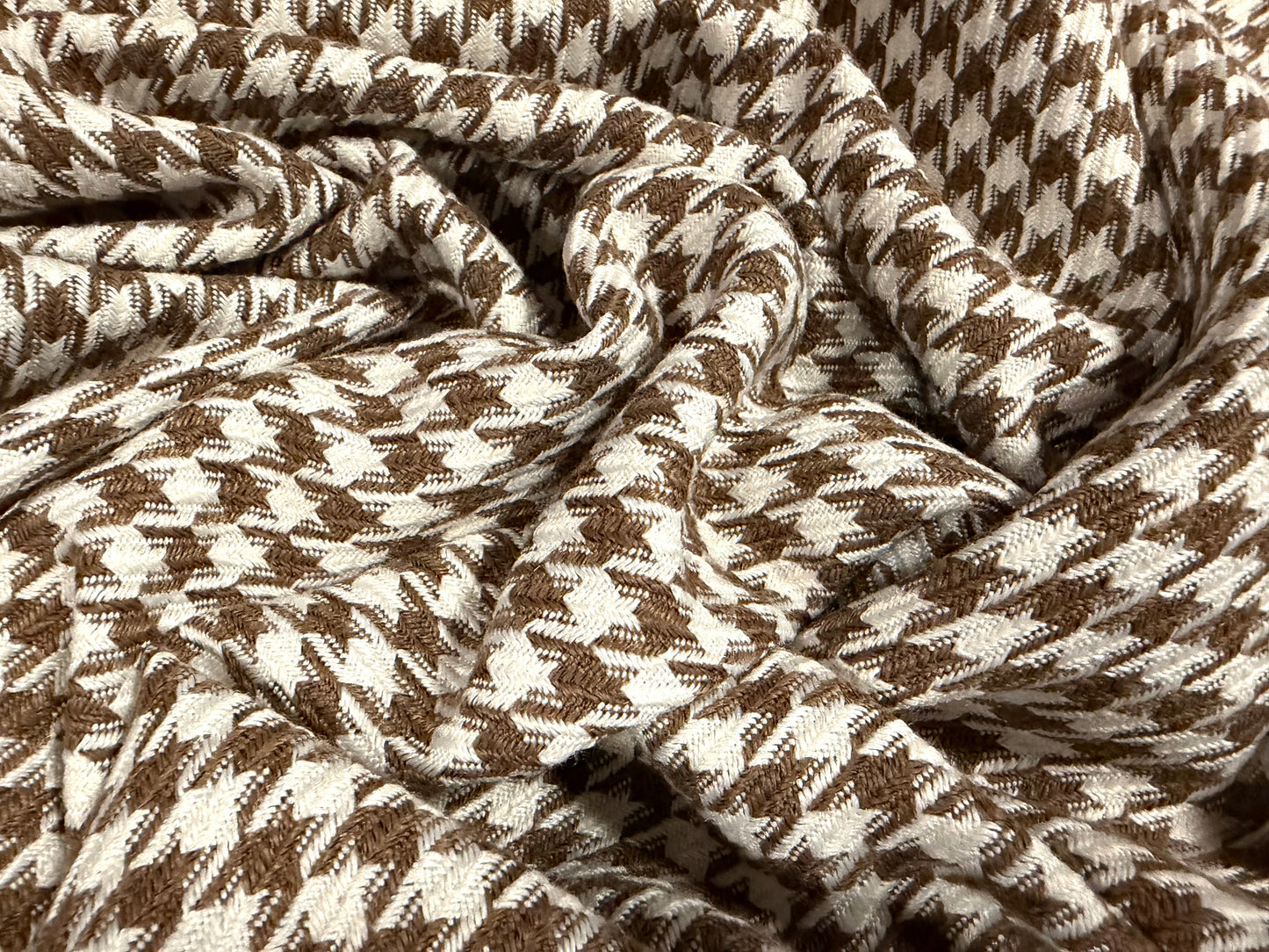 Heavyweight wool coat weight fabric, per metre - houndstooth jacquard - brown & ivory